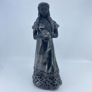 vintage oaxacan barro negro (black clay) woman figurine braided hair repaired